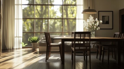 sunlit dining room with modern furniture and greenery