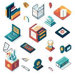 Isometric Business Icons Financial Data Tech Strategy, isolated on white