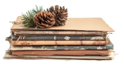 Vintage books stacked with pinecones and greenery for a cozy winter atmosphere