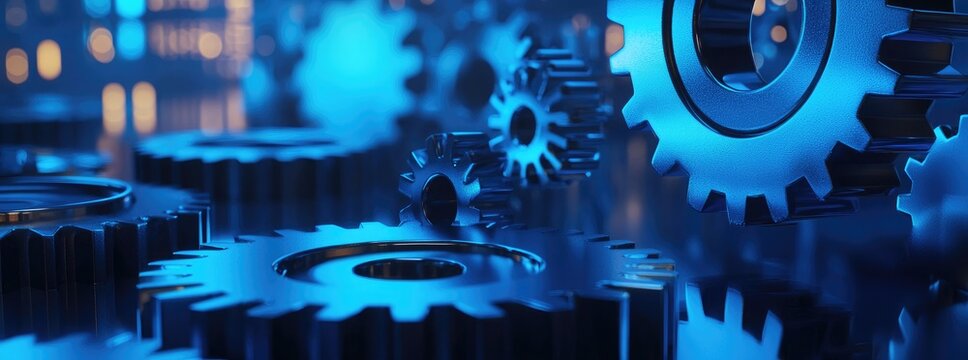 digital gears with holographic charts and graphs floating in the background, dark blue color theme, futuristic style