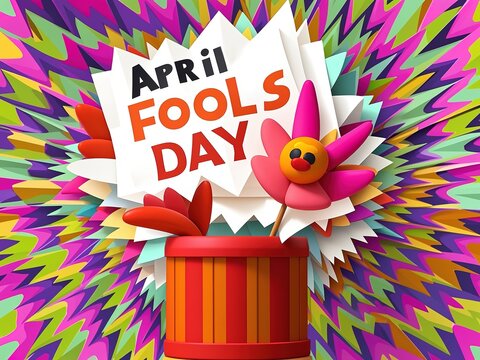 A fun April Fools Day graphic with bold text, a cute pink flower, and a red striped bucket on a vibrant spiky background. Great for festive projects. - Powered by Adobe