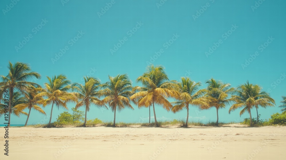 Aufkleber lush palm trees lining a serene beach under a clear blue sky in a tropical paradise setting. generat