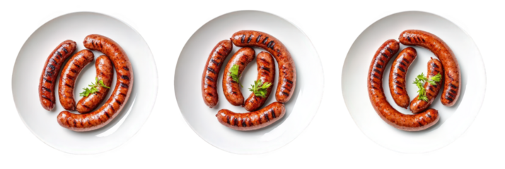 three plates of grilled sausages arranged in a visually appealing manner. showcasing their rich. brown color and grill marks. garnished with a small sprig of greenery this presentation highlights the