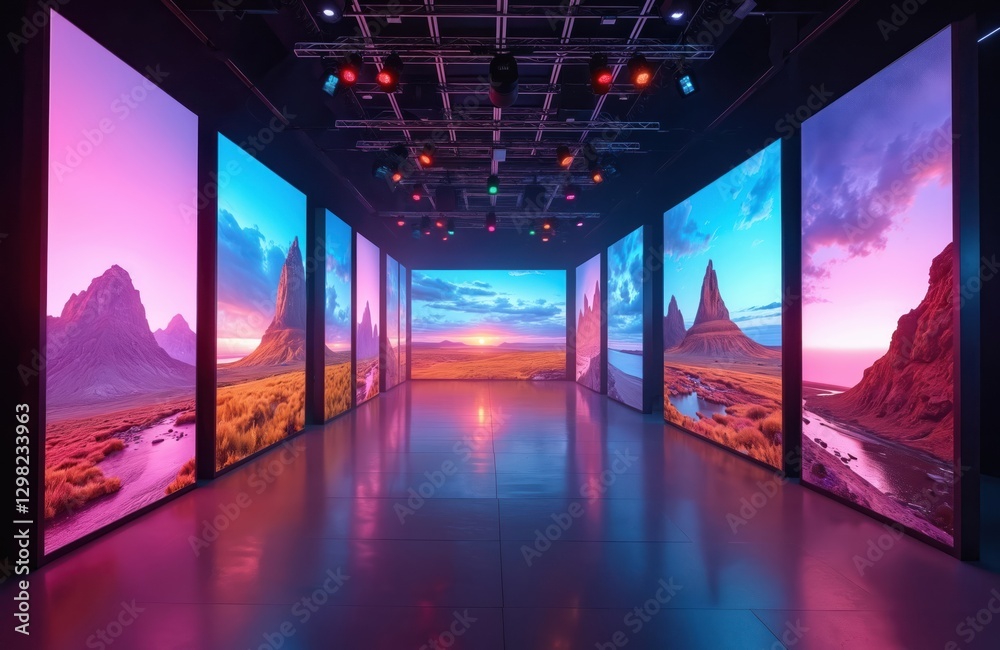 Poster modern stage set displays vibrant landscapes on multiple large screens. dynamic colorful lighting il
