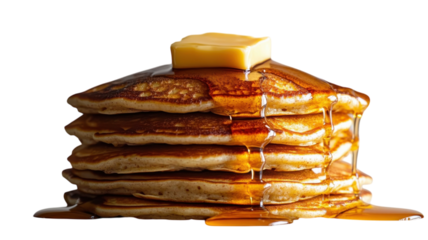Stack of freshly made pancakes topped with butter and dripping with syrup