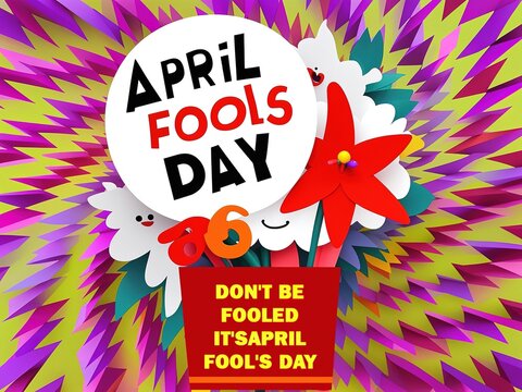 sign with "April Fools Day" text, flower shapes, and with the warning "Don't be fooled, it's April Fool's Day" on a vivid, multicolored spiky backdrop, perfect for various April Fools Day creations. - Powered by Adobe