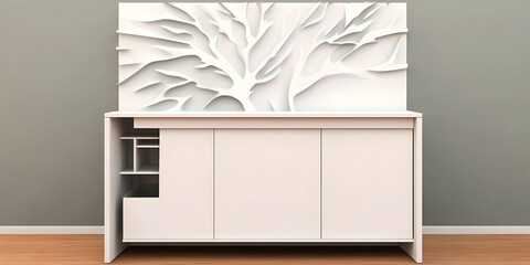 White Cabinet 3D Render with Tree Illustration
