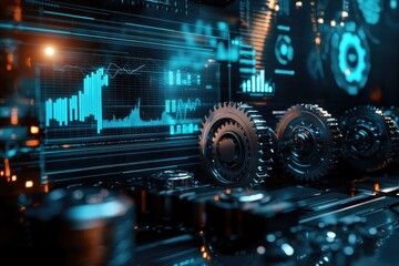 digital gears with holographic charts and graphs floating in the background, dark blue color theme, futuristic style