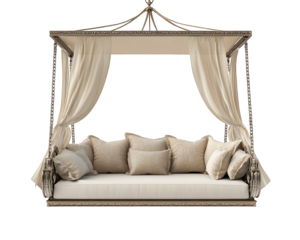 Luxurious porch swing with plush cushions and canopy, perfect for relaxation and outdoor enjoyment. Ideal for gardens or patios, adding elegance to any space