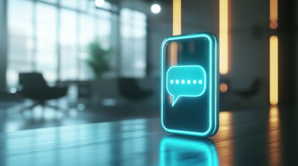 glowing neon chat icon on smartphone in modern office