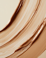 A close-up view of smooth, warm beige liquid foundation, elegantly swiped across a soft background, showcasing its creamy texture and glossy finish, perfect for beauty visuals