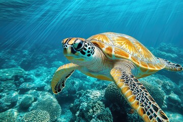 Obraz premium Majestic sea turtle swimming gracefully over vibrant coral reef in crystal-clear ocean waters
