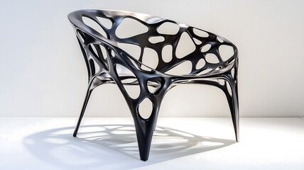 striking sculptural black chair, radiating modern aesthetic appeal, its matte finish adding depth, looks like comfortable place to sit and relax