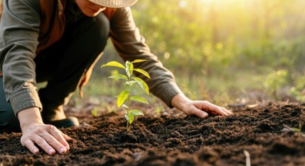 Person planting tree sapling in soil outdoors at sunrise