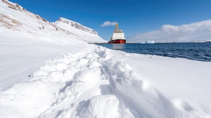 Obraz premium Snowy Arctic Coastline, Cargo Ship, Mountain Background, Winter Scenery, Stock Photo