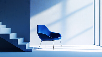 Striking chair emits modern vibe in sapphire blue hue, radiating calm and peace amidst clean, minimalist interior space, filling serene scene