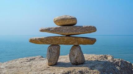 A rugged, light-brown rock rests at the water's edge, its surface etched with time. Positioned to the left, it stands majestically amidst gentle ripples