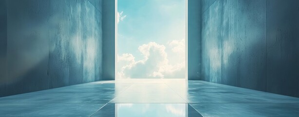 Fototapeta premium empty concrete floor with an entrance and a sky background. Modern architecture concept, abstract open space interior design