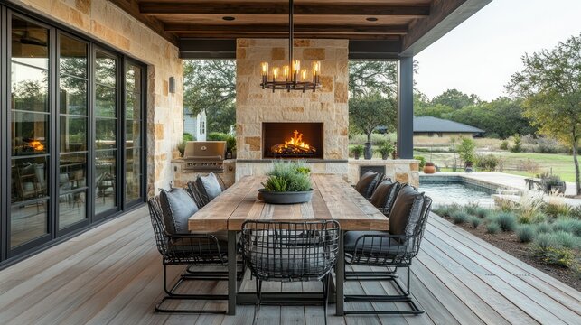 Rustic Outdoor Dining Deck with Fireplace