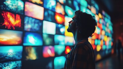 Obraz premium A Young Adult Male Observer Experiencing a Vibrant Exhibition of Visual Media in an Art Space with Colorful Digital Screens Displaying Various Imagery