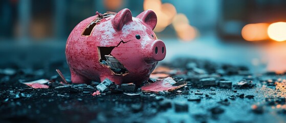 Broken Piggy Bank on a Dark Urban Street: A Symbol of Financial Ruin and Lost Savings in a Dull Environment with Blurred City Lights in the Background