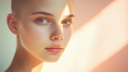Naklejka premium radiant woman closeup portrait shaved head soft lighting skincar