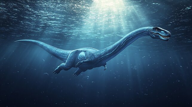 Majestic Elasmosaurus gliding through the deep ocean its impossibly long neck curving gracefully as it hunts for fish illuminated by sunlight filtering through the water