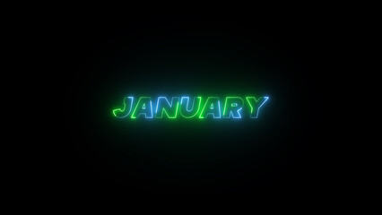 Glowing Neon January text on the black background. January month neon line text concept.