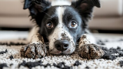 Cute dog leaving muddy paw prints on carpet