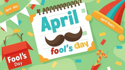 April fools day illustration shows a calendar with "April fool's day" on it, a red box, a party hat, and confetti. Green background adds a festive touch, along with a candy cane and a mustache graphic