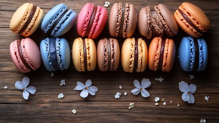 Colorful assorted macarons placed on a rustic wooden table with delicate flowers scattered around
