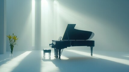 White wooden shabby chic grand piano with an elegant gold chair on a white hardwood floor with white curtains in the background