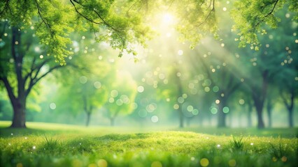 Fototapeta premium Serene Springtime Meadow, Sunlight Filtering Through Lush Green Canopy, Peaceful Nature Scene, Perfect for Relaxation and Tranquility