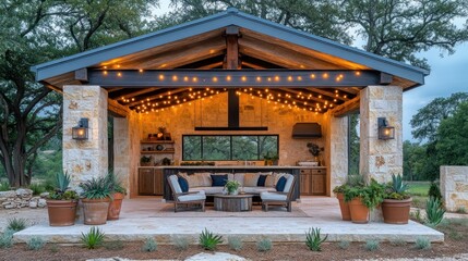 Rustic Outdoor Kitchen Gazebo at Dusk