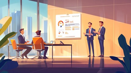 Business professionals conducting a meeting with presentation in a modern office space