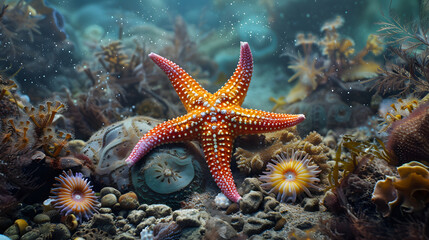 Vibrant Underwater Starfish Resting Among Coral Formations in a Marine Landscape