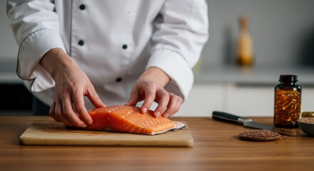 Obraz premium Chef preparing raw salmon on wooden cutting board in kitchen