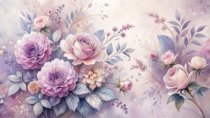 A Delicate Watercolor Painting of Lavish Purple and Pink Roses, Blooming in a Lush Garden of Soft, Pastel Hues, Featuring Intricate Foliage and Delicate Floral Details