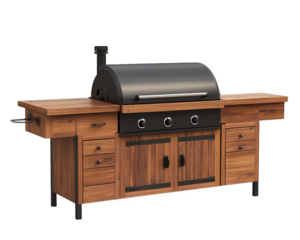 large outdoor barbecue grill with built in smoker, featuring wooden cabinetry and ample storage space, perfect for outdoor cooking and gatherings