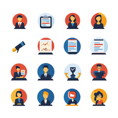 Business and finance icons depicting data analysis, teamwork, and success