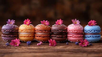 A rustic wooden table holding a variety of colorful macarons with soft floral details