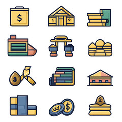 Diverse Finance and Banking Icons Representing Money, Buildings, and Investments