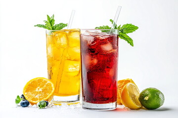 Frozen colorful cocktails with fruits and ice cubes on white background.