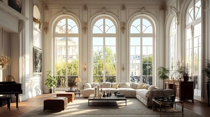 A Parisian-style apartment with elegant French furniture, intricate moldings, and large windows, realistic, very detailed