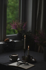 cozy rustic country cottage interior. Relaxing with coffeeat home.