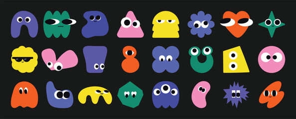 Set of colorful funny shape element vector. Collection of cartoon characters, cute doodle dawn, geometric, organic shape with fun eye. Design for decorative, sticker, toys and kids.