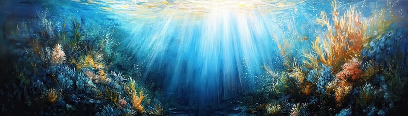 Obraz premium A vibrant painting depicting a serene blue ocean scene, where golden sunbeams pierce through the water's surface, illuminating lush underwater plants swaying gently in the current.