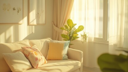 sunlit living room with cozy sofa and plants