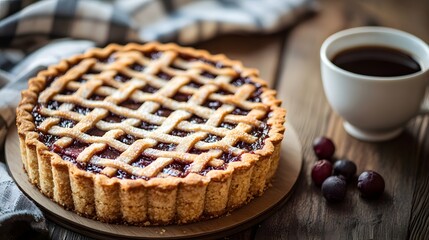 High-resolution photography of a Linzer Torte with a perfectly crimped edge and lattice top, served with a cup of coffee on a wooden table