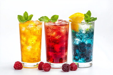 Frozen colorful cocktails with fruits and ice cubes on white background.